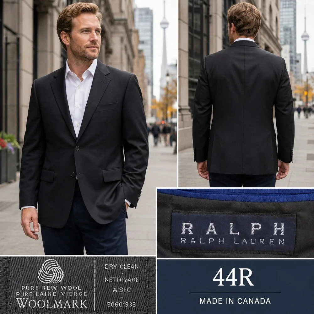 Ralph Lauren Mens 44R Black Wool Blazer 3-Button Sport Coat Made in Canada 44 R